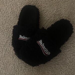 Balenciaga Black Fuzzy Logo Slip-Ons with Red & White Accents